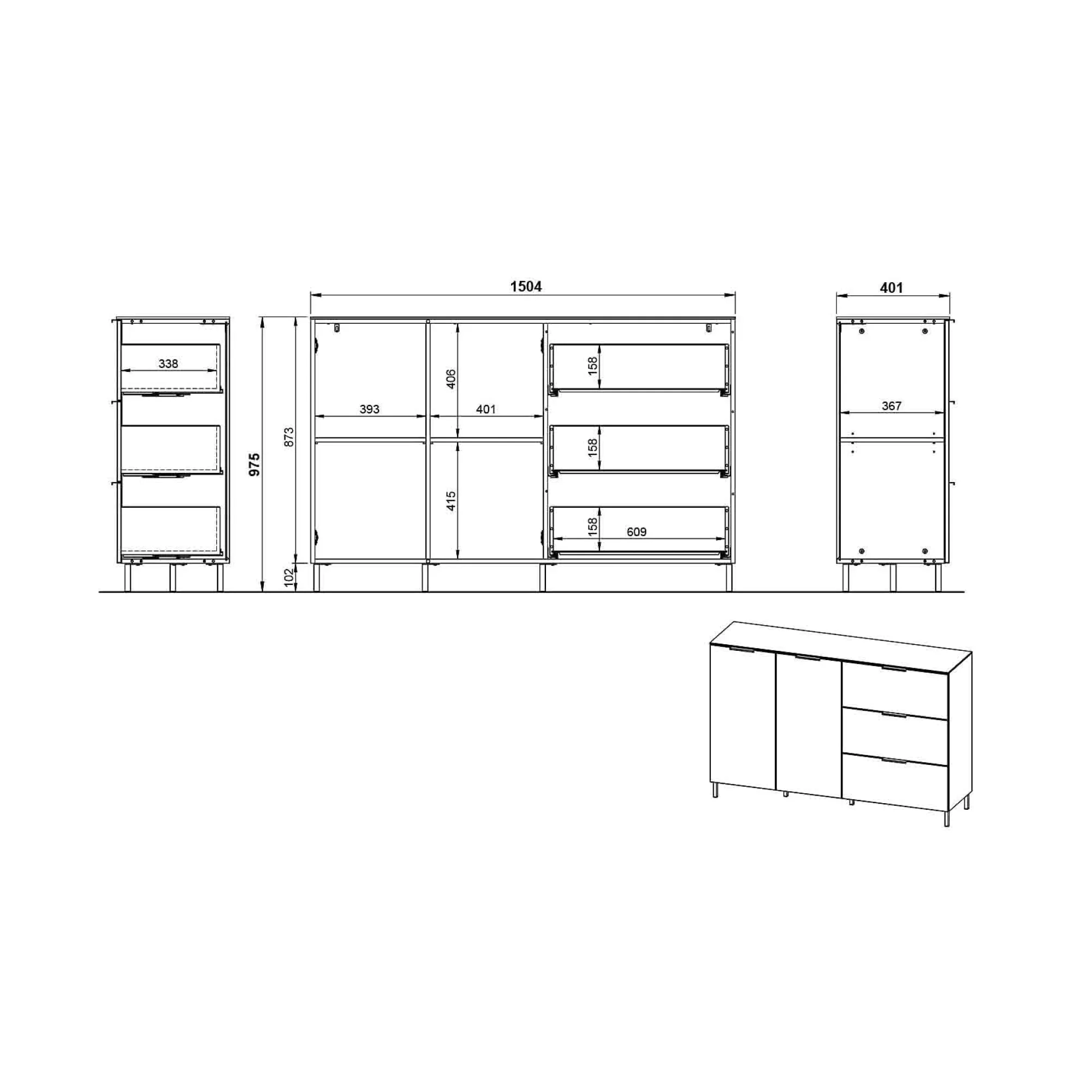 Dressoirs^Huisenthuis Dressoir Amalfi Grafiet-Eiken S