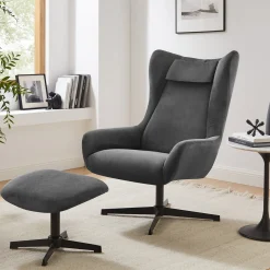 Fauteuils^Huisenthuis Fauteuil en poef Siem Grijs Grijs, Zwart