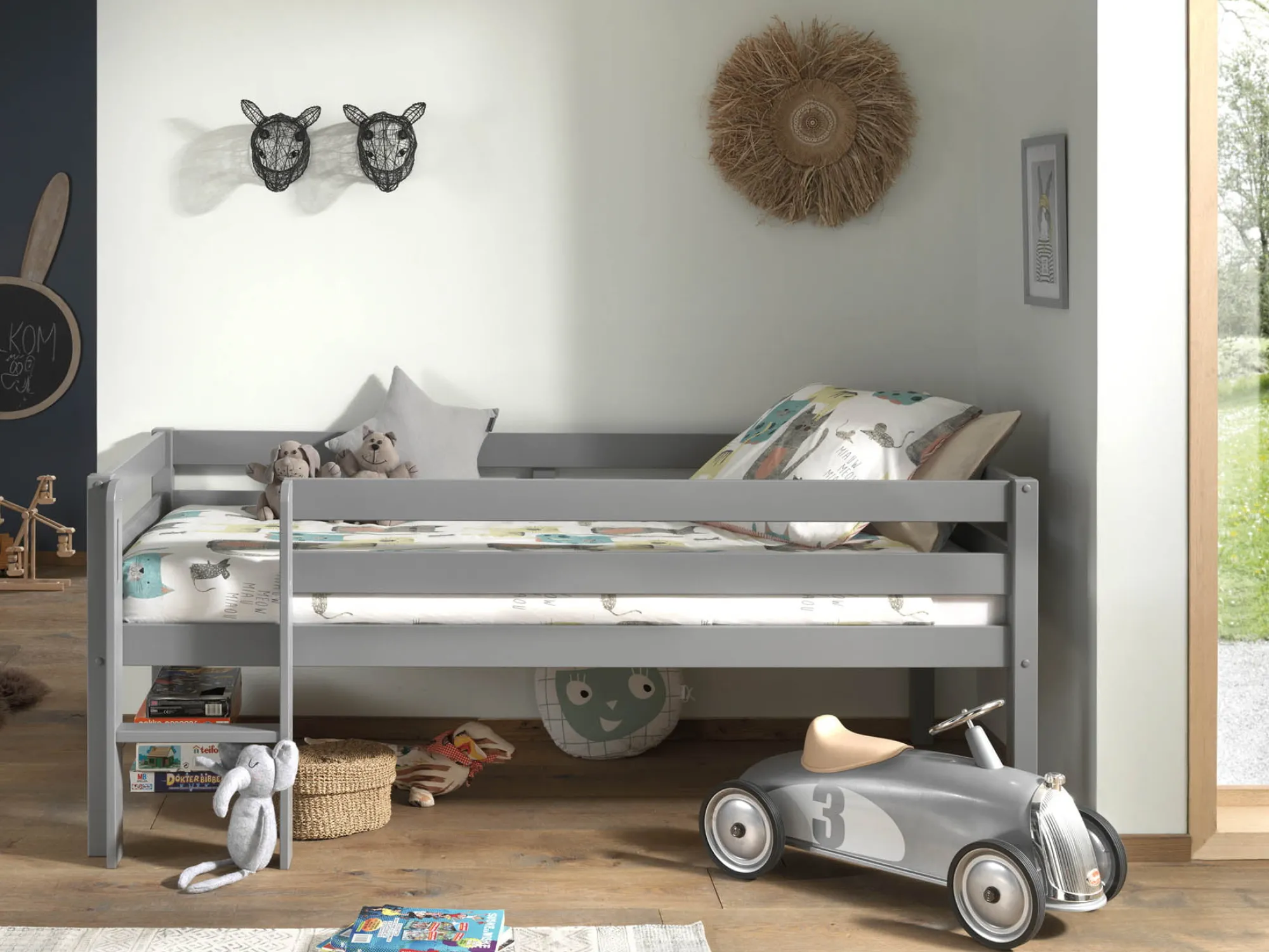 Kinderbedden^Huisenthuis Halfhoogslaper Charlie Grenen 90×200 cm – Met ladder Grijs