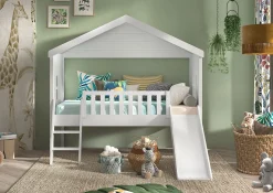 Kinderbedden^Huisenthuis Huisbed Alix Wit 90×200 cm – Met ladder en glijbaan