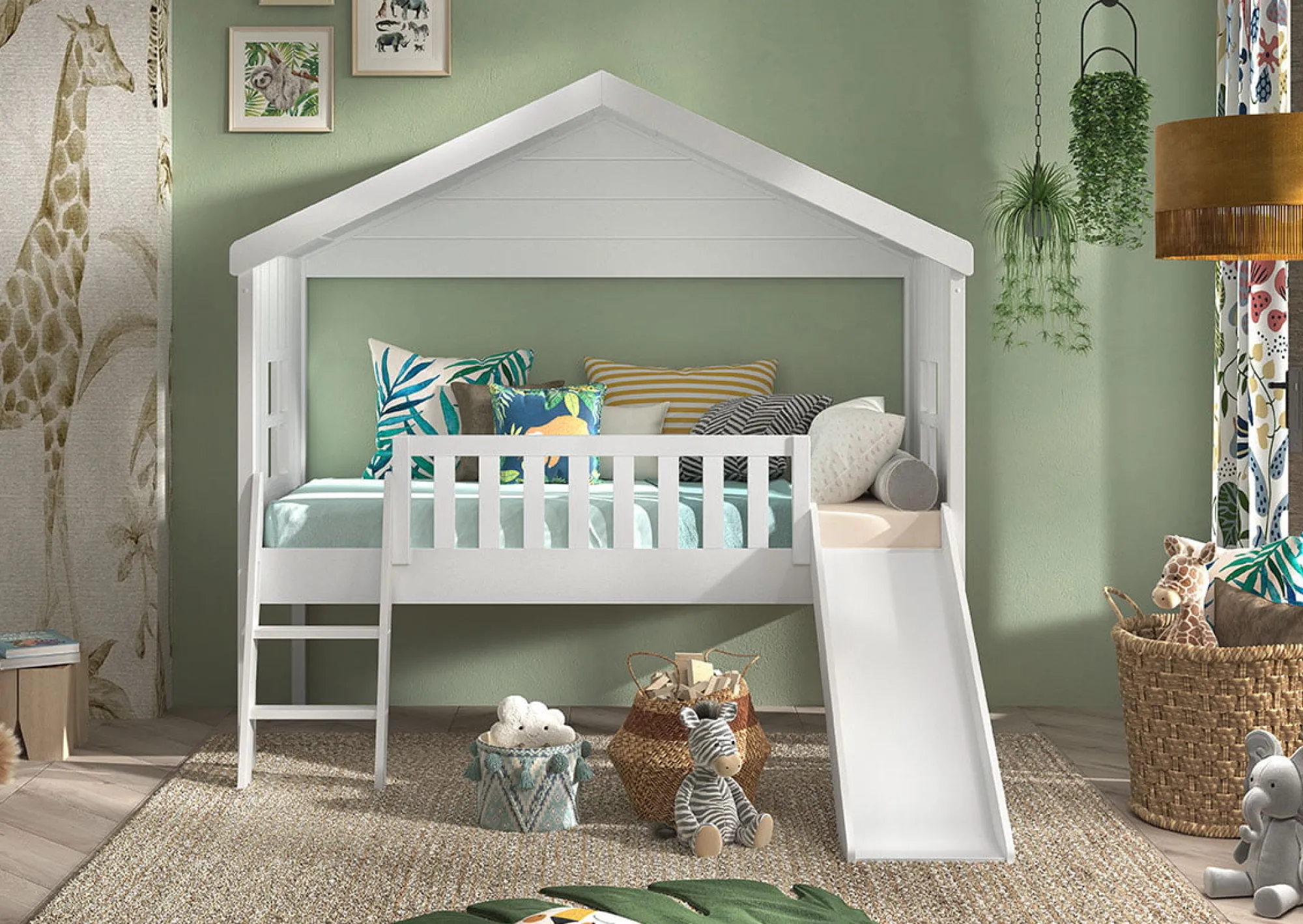 Kinderbedden^Huisenthuis Huisbed Alix Wit 90×200 cm – Met ladder en glijbaan