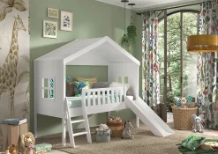 Kinderbedden^Huisenthuis Huisbed Alix Wit 90×200 cm – Met ladder en glijbaan
