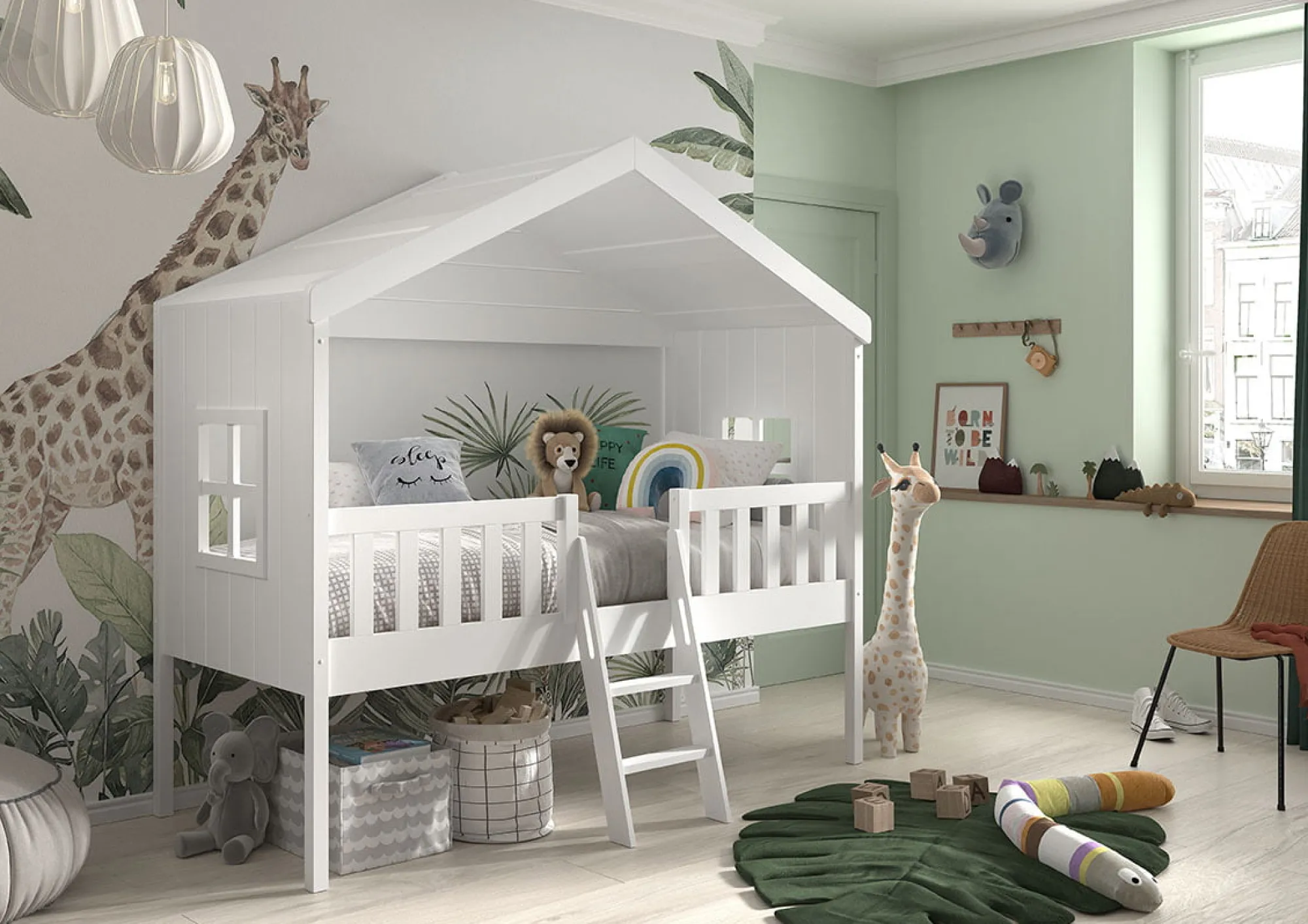Kinderbedden^Huisenthuis Huisbed Alix Wit 90×200 cm – Met ladder