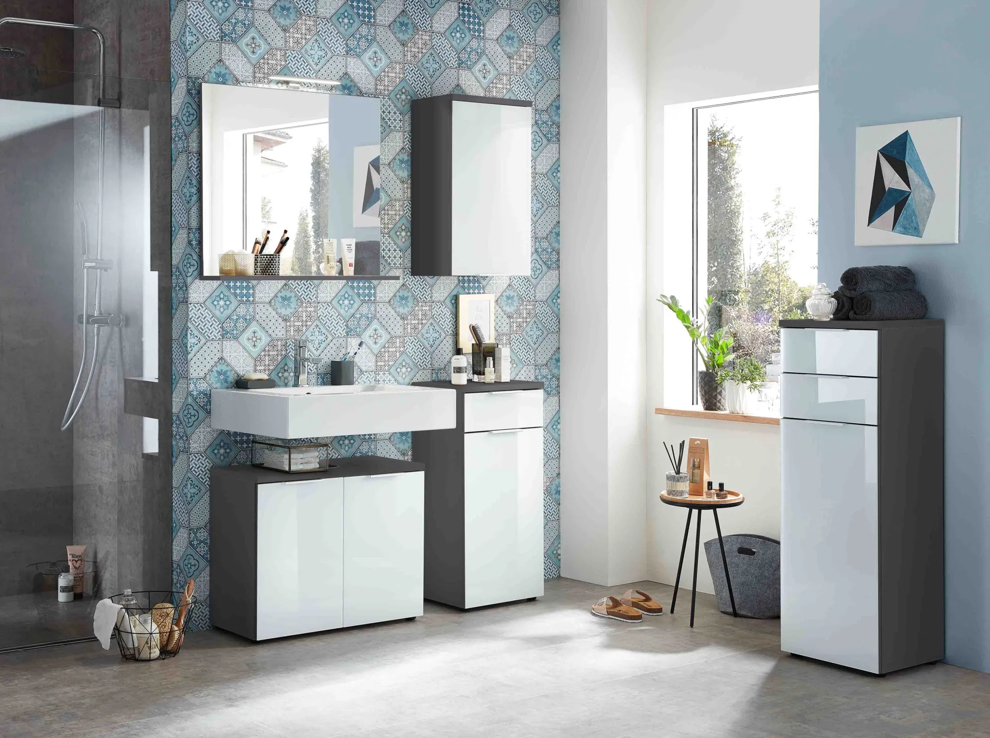 Badkamerkasten^Huisenthuis Lage badkamerkast Palma 86 cm Grafiet Wit